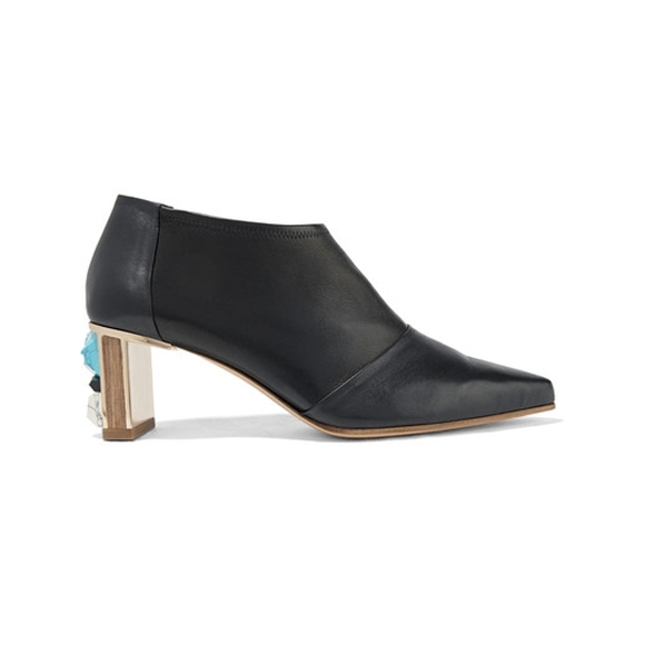Black Leather Women's Booties with Embellished Heel
